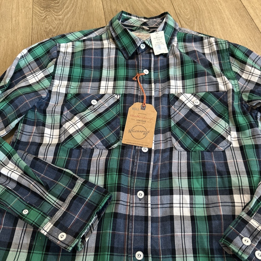 Weatherproof Vintage Green Blue Men'S Burnout Plaid Flannel Utility Shirt Small‎